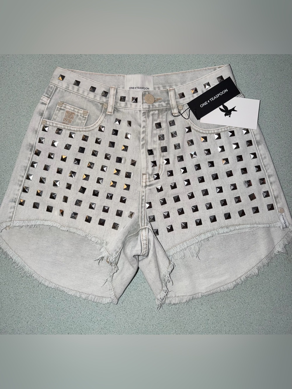 NWT One Teaspoon Anti Khaki Studded Trucker Denim Shorts 27 Punk Y2K Festival